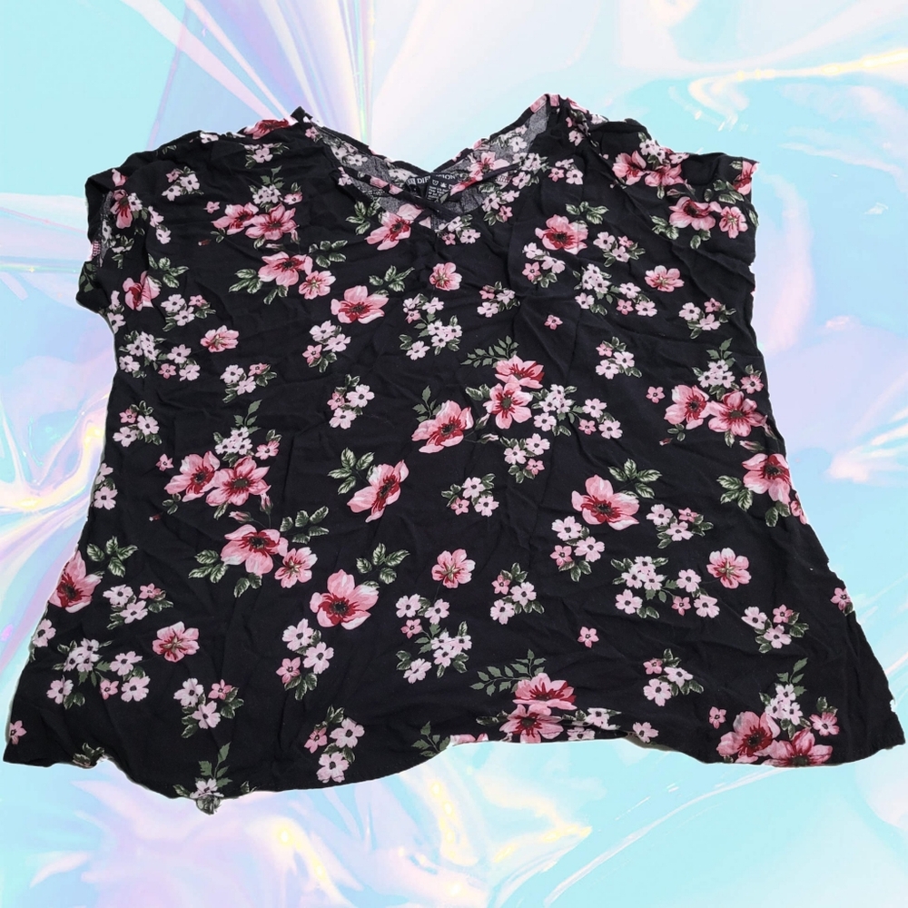 COPY - IB Diffusion Flowy Floral Top Size 1X - Black with Pink Flowers